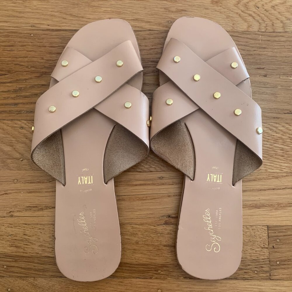 Seychelles Total Relaxation Slide Sandal Sz 10 Tan Studded Leather Made in Italy